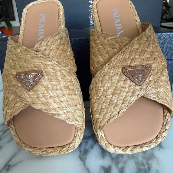 Prada 2X3142 Mens Woven Raffia Cross Strap Slide Sandals Beige Tan UK 7 (FIT LG) main image 8